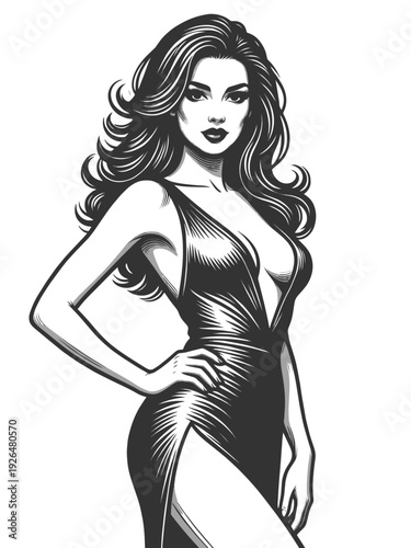 stylish woman in sleek dress looking over her shoulder, confident fashion pose sketch engraving generative ai fictional character vector illustration. Scratch board. Black and white.