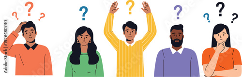 Confused people with question marks illustration, problem solving concept characters, uncertainty doubt emotion scene, flat vector design set