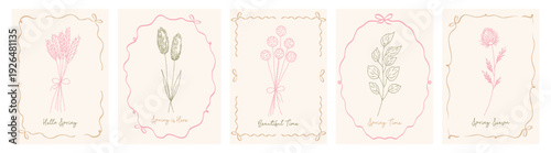 Grunge minimal chalk spring flowers set of cute cards threads flower collection. Vector illustration dried or wild herbs set. Floral silhouette elements for holiday art.
