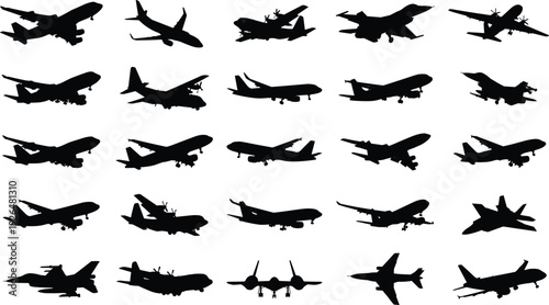Aircraft silhouettes collection showing commercial airplanes, cargo planes and military jets in flight, aviation transport and air travel isolated on white background