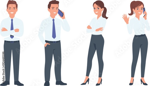 Business people characters talking on phone and standing confidently, professional office staff illustration, corporate avatar set, flat vector design