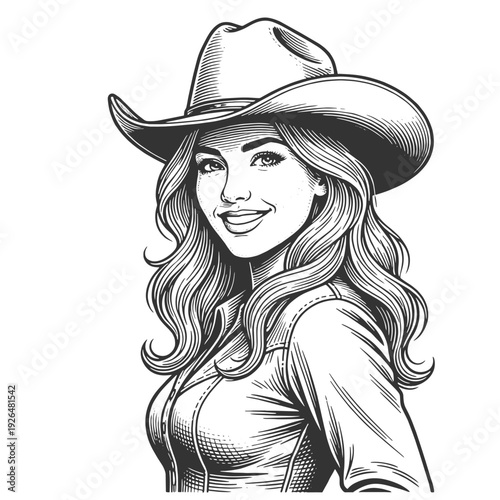 cheerful cowgirl wearing a western hat and denim shirt, winking with playful country charm sketch engraving generative ai fictional character vector illustration. Scratch board. Black and white image.