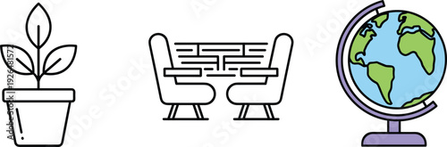 Home Decor and Education Icon Set with Potted Plant, Living Room Sofa Chairs, and World Globe Vector Illustration
