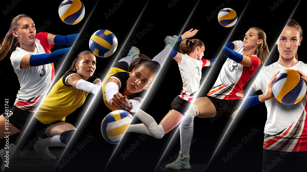 Naklejka premium Women volleyball composition with two models with powerful game moments. Concept of coordinated team play, explosive movement and professional female sports competition on court.