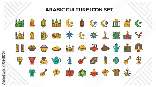 A colorful icon set representing various aspects of Arabic culture