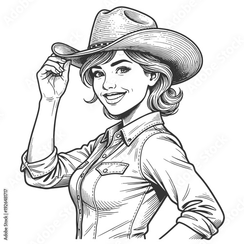 cheerful cowgirl wearing a western hat and denim shirt, winking with playful country charm sketch engraving generative ai fictional character vector illustration. Scratch board. Black and white image.