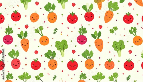 Whimsical pattern with smiling vegetables including carrots, tomatoes, and radishes, against a light background