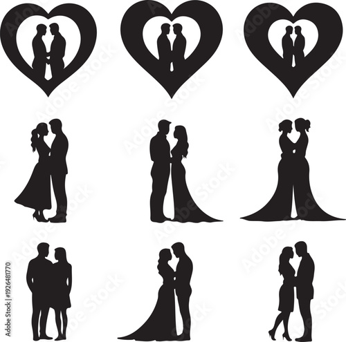 black silhouettes of romantic couples and heart shapes