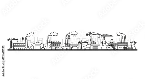 Industrial cityscape sketch depicting factories and structures with smoke emissions.