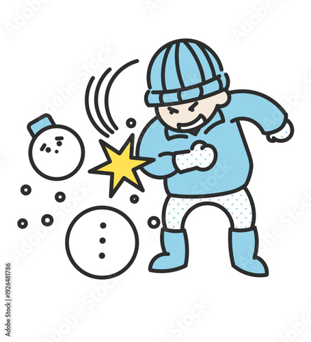 雪だるまを壊す暴力的な小学生男児のイラスト