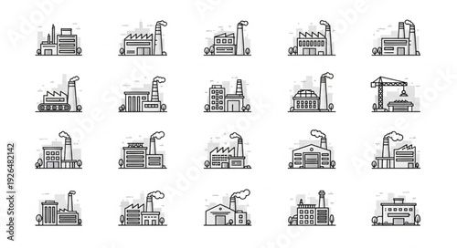 Collection of industrial buildings and factories in a monochrome style for design.