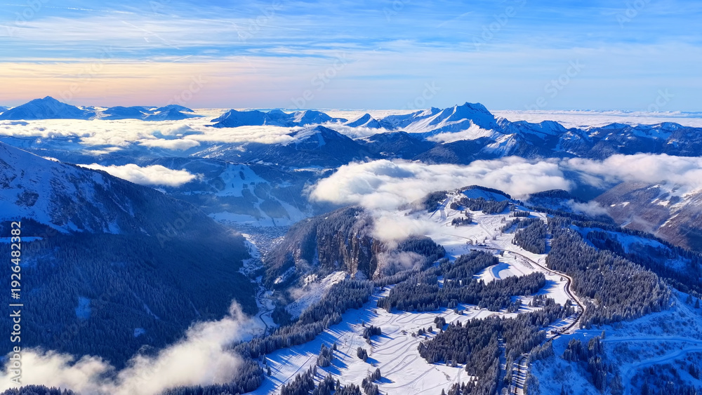 Fototapeta premium Winter Aerial View Above Cloud Inversion, French Alps