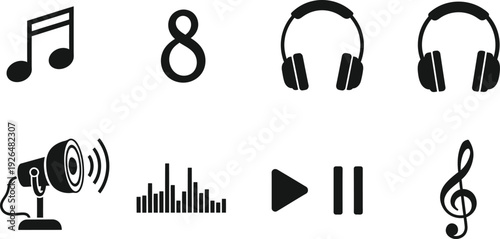 A cohesive set of music and sound related icons including musical notes, headphones, microphone, speaker, sound waves, play/pause buttons, and treble clef, solid black silhouettes, on a clean