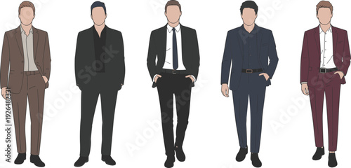 Elegant men in formal suits collection, modern fashion outfit set, stylish businessman characters, flat vector illustration design template