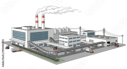 Industrial complex with chimneys emitting smoke into the atmosphere, factory illustration.