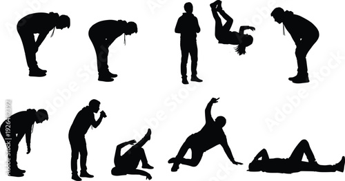 Black silhouettes of men performing different body poses isolated on white background expressing motion, emotion, stress, fitness and action concepts