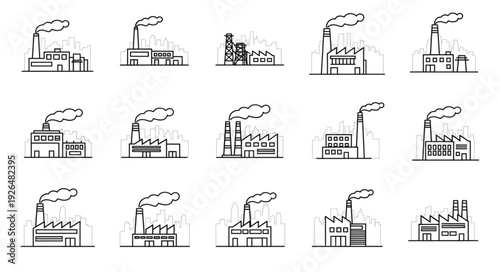 Collection of industrial factory buildings with smoke stacks, pollution concept.