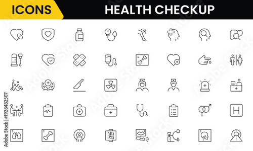 Health checkup icons depicting medical examination, stethoscope, heartbeat, diagnostics, hospital, doctor consultation, tests, reports, wellness, prevention, monitoring, clinic, healthcare, appointmen