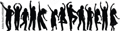 Black silhouettes of people dancing and celebrating together isolated on white background expressing happiness, freedom, music, lifestyle and energetic movement