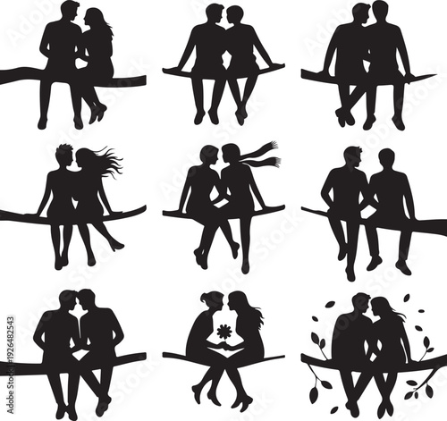 black silhouettes of couples sitting on a branch