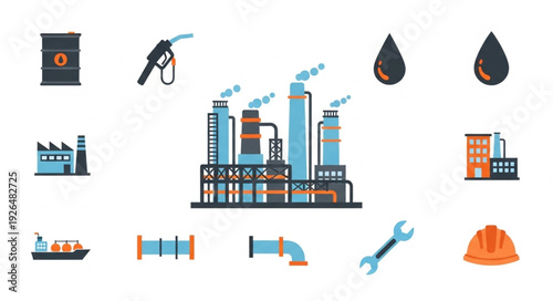 Oil refinery plant with various industrial elements and components for processing.