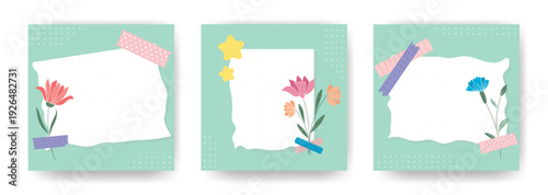Set of square layouts with space for text in collage style. Torn sheet of paper attached with sticker with flowers. Templates for spring and summer design. Vector graphics