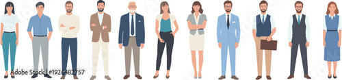 Diverse business people standing in row, professional office staff team portrait, flat vector illustration, corporate workforce concept design