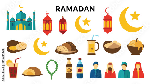 Colorful icons and symbols representing the celebration of Ramadan