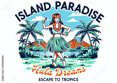 Aloha spirit hula girl artwork. Tropical island paradise design. Retro summer vacation graphic. Exotic beach escape illustration.