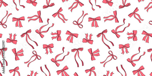 Seamless pattern pink bows and ribbons cartoon style. Coquette bow for hair decoration, celebration party items, gift packaging, present cards and luxury wrap pack