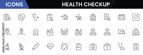 Health checkup icons depicting medical examination, stethoscope, heartbeat, diagnostics, hospital, doctor consultation, tests, reports, wellness, prevention, monitoring, clinic, healthcare, appointmen