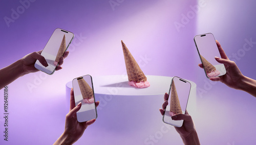 Konstfotografi Conceptual composition melting ice cream on podium photographed by smartphones