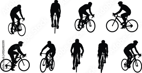 Black silhouettes of road cyclists riding bicycles in multiple perspectives isolated on white background representing speed, endurance, competition and fitness