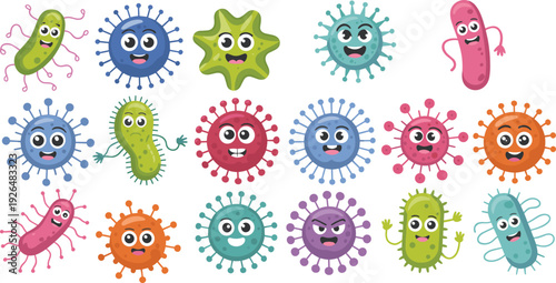 Cartoon microbes, bacteria and viruses with cute faces, colorful germs, educational science illustration for kids learning microbiology concepts, flat vector illustration