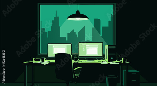 Vector Illustration of Dim Office Workspace with Monitors and City Skyline at Night