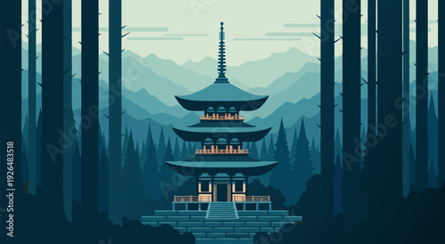 Serene Mountain Pagoda Vector Illustration Amidst Mystical Trees And Mountainous Landscape