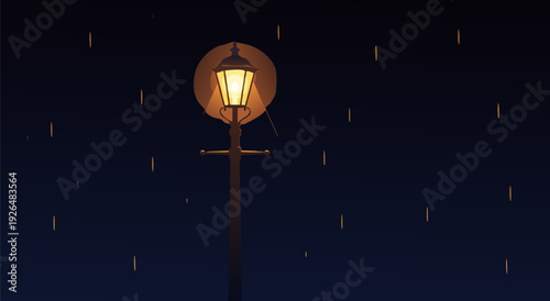 Serene Nighttime Vector Illustration of a Single Metal Street Lamp against Deep Blue Sparkling Sky with Warm Golden Light, Calm and Contemplative Atmosphere