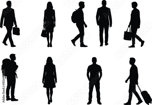 Business and traveler people silhouette collection, men and women walking with bags and backpacks isolated on white