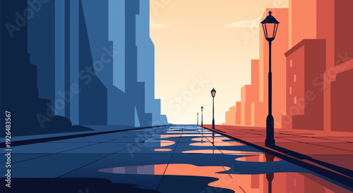 Stylized Vector Illustration of a Serene Sunset Cityscape with Reflective Wet Streets and Orange-Blue City Buildings