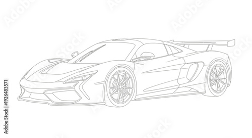A sleek sports car is viewed from the side, showcasing its aerodynamic design and sharp lines in a detailed line drawing.