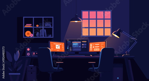 Modern Dimly Lit Home Office Vector Illustration with Dual Chairs and Warm Lighting for Productive Workspace