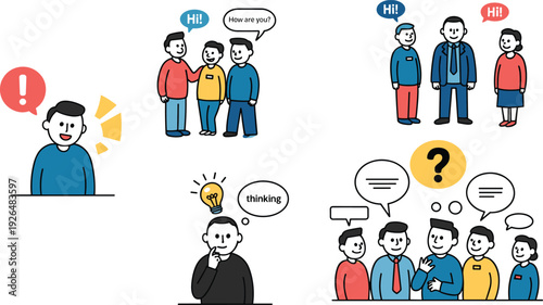 Cartoon people communication scenes, greetings, thinking, brainstorming, teamwork discussion, social interaction icons, speech bubbles characters, flat vector illustration