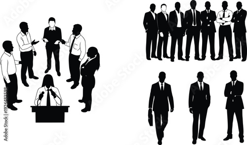 A diverse set of business group and people silhouettes, including team collaboration, a diverse group standing together, and individuals in professional poses, solid black silhouettes, on a clean