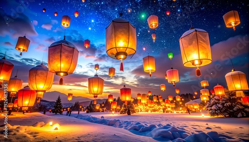 A vibrant night scene with numerous glowing lanterns ascending into a starlit, twilight sky over a snow-covered landscape