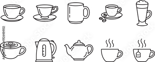 Set of coffee cups and teapots in flat design vector illustration, minimalist kitchenware collection, scalable graphic art