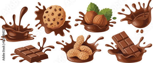 Chocolate splash designs with cookie, hazelnut, peanut, bar pieces, dessert ingredients illustration, confectionery food art, flat vector illustration