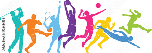 Colorful athlete silhouettes collection, sports players running jumping playing football tennis basketball volleyball isolated on white background, flat vector illustration