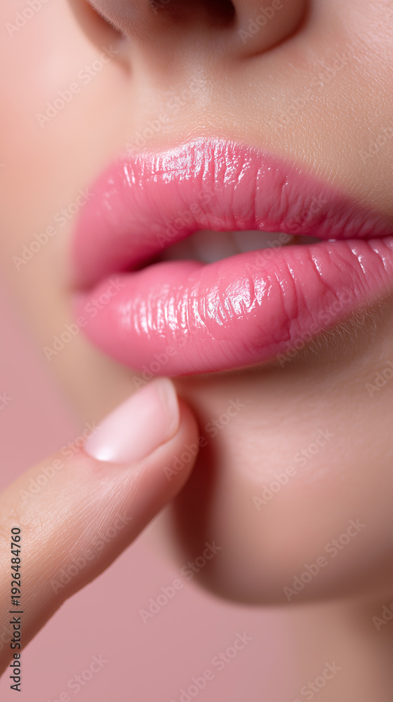 Naklejka premium Closeup of female lips with glossy pink lipstick and finger touching lower lip highlighting beauty concept.