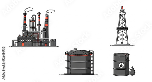 Oil refinery and related infrastructure, industrial production and processing.