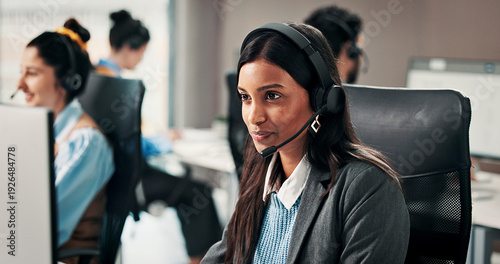 Canvas Print Computer, contact us and happy woman in call center for customer service, help desk or coworking